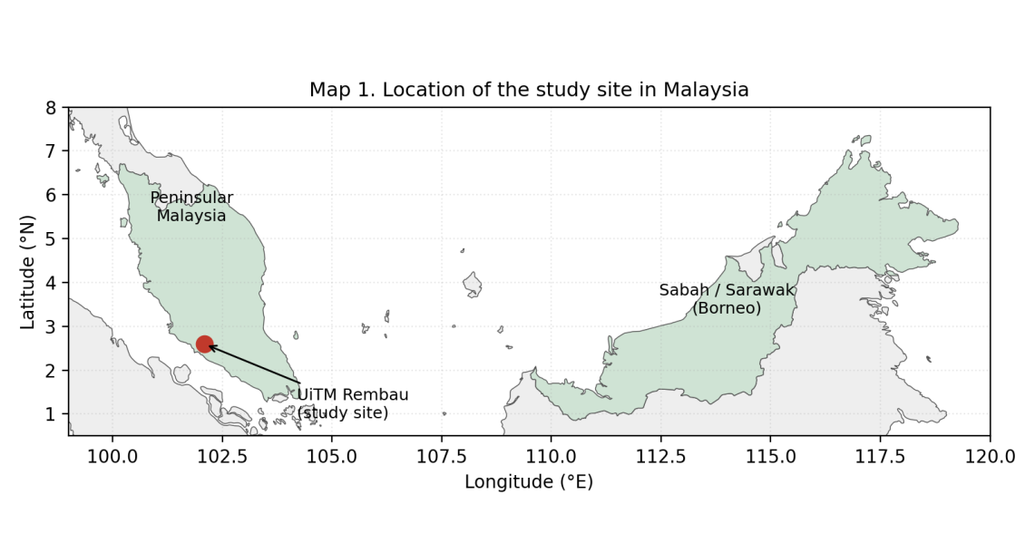 Map of Peninsular Malaysia and Borneo with the UiTM Rembau study site marked on the west side of the peninsula, in Negeri Sembilan.